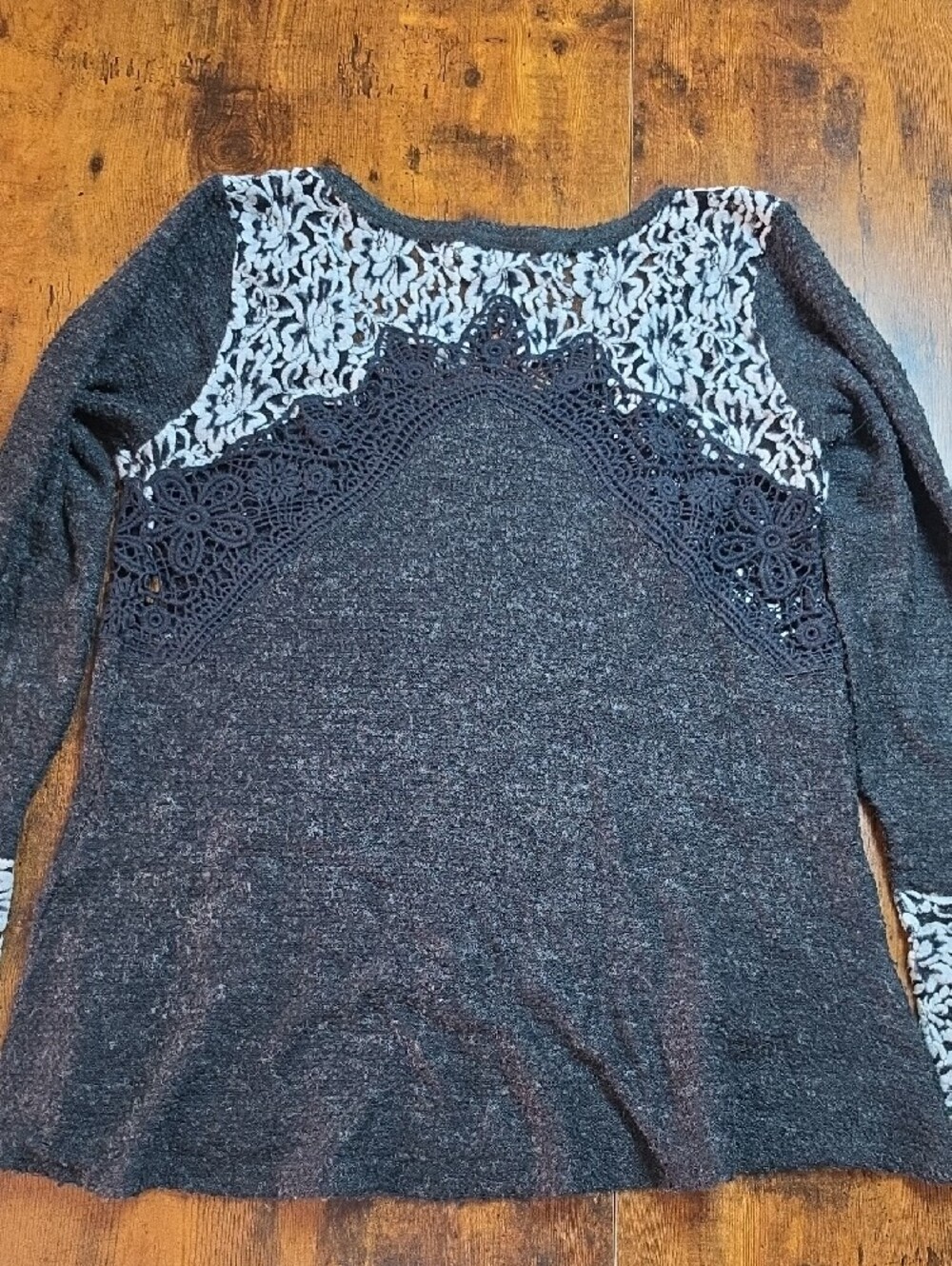 A'REVE | Boho Charcoal Lace Crochet Mixed Media Slub Swing Sweater Top | M - Picture 9 of 12